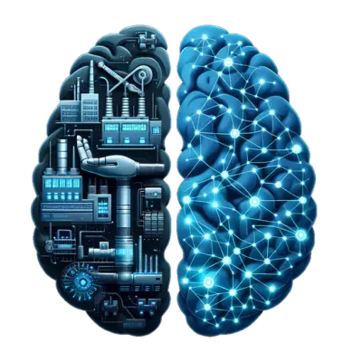Illustration of a brain, half factory and half neural network